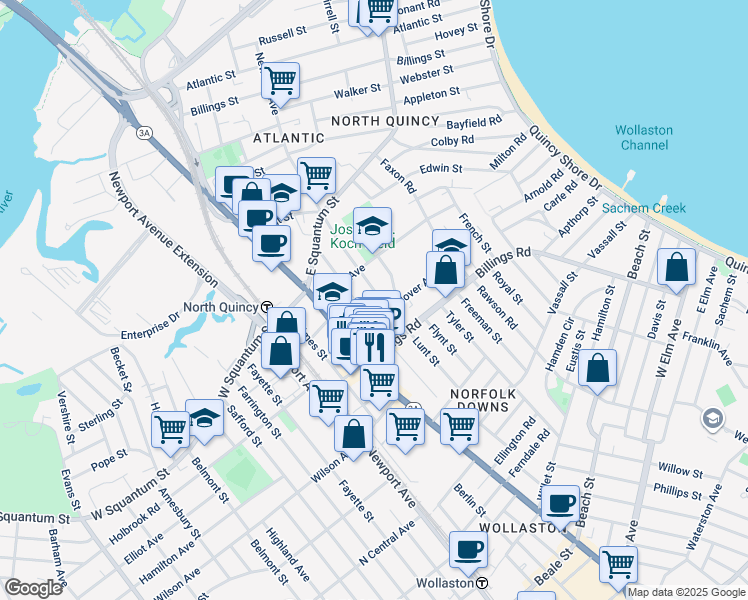 map of restaurants, bars, coffee shops, grocery stores, and more near 250 Newbury Avenue in Quincy