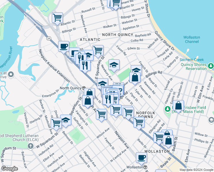 map of restaurants, bars, coffee shops, grocery stores, and more near 21 Hollis Avenue in Quincy