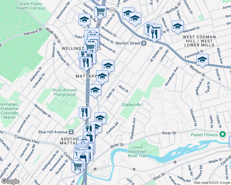 map of restaurants, bars, coffee shops, grocery stores, and more near 39 Halborn Street in Boston