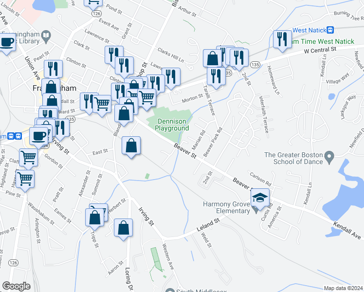 map of restaurants, bars, coffee shops, grocery stores, and more near 126 Beaver Street in Framingham