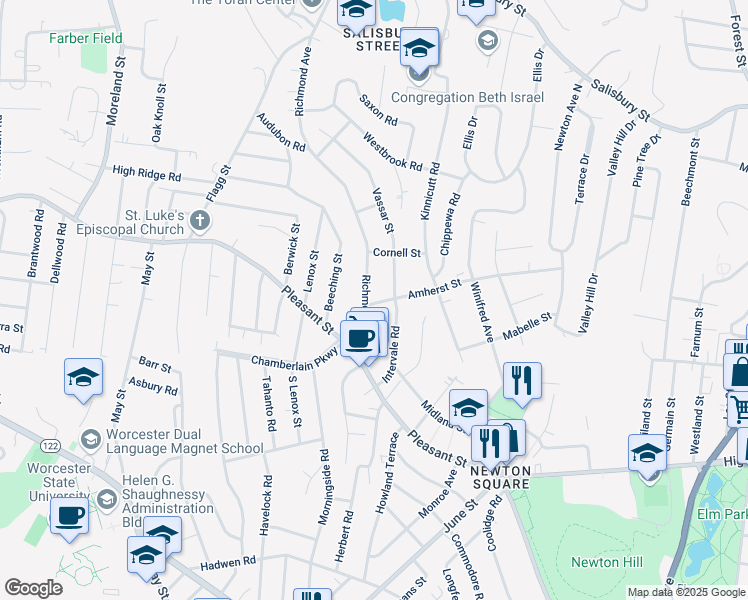 map of restaurants, bars, coffee shops, grocery stores, and more near 5 Vassar Street in Worcester