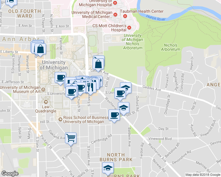 map of restaurants, bars, coffee shops, grocery stores, and more near 529 Elm Street in Ann Arbor