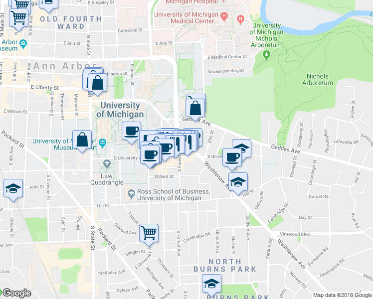 map of restaurants, bars, coffee shops, grocery stores, and more near 514 South Forest Avenue in Ann Arbor