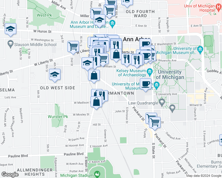 map of restaurants, bars, coffee shops, grocery stores, and more near 504 South 5th Avenue in Ann Arbor