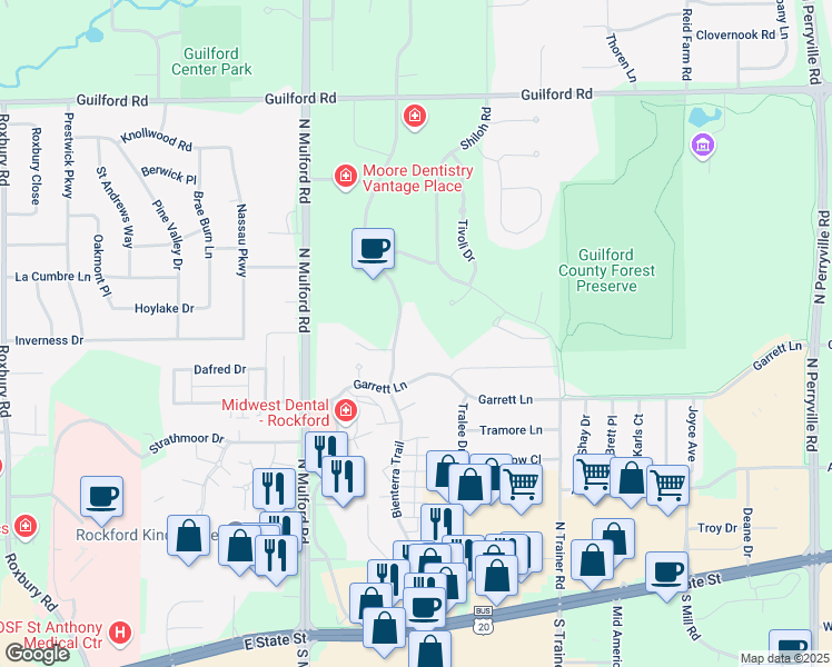 map of restaurants, bars, coffee shops, grocery stores, and more near 653 Featherstone Road in Rockford