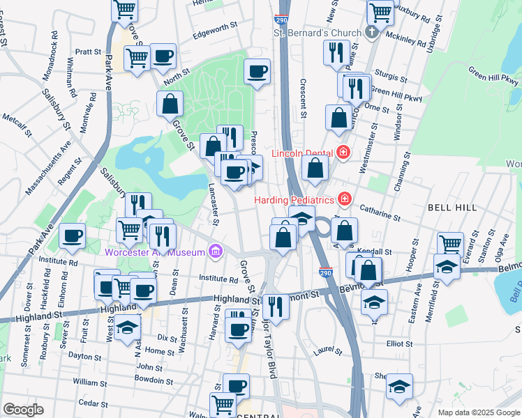map of restaurants, bars, coffee shops, grocery stores, and more near 85 Prescott Street in Worcester