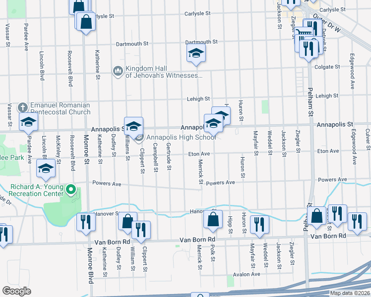 map of restaurants, bars, coffee shops, grocery stores, and more near 4808 Harding Street in Dearborn Heights