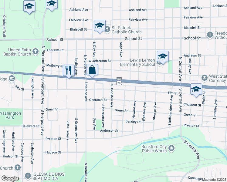 map of restaurants, bars, coffee shops, grocery stores, and more near 2438 Elm Street in Rockford