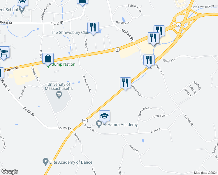 map of restaurants, bars, coffee shops, grocery stores, and more near 801 Hartford Turnpike in Shrewsbury