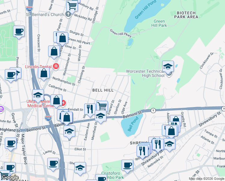 map of restaurants, bars, coffee shops, grocery stores, and more near 59 Everard Street in Worcester