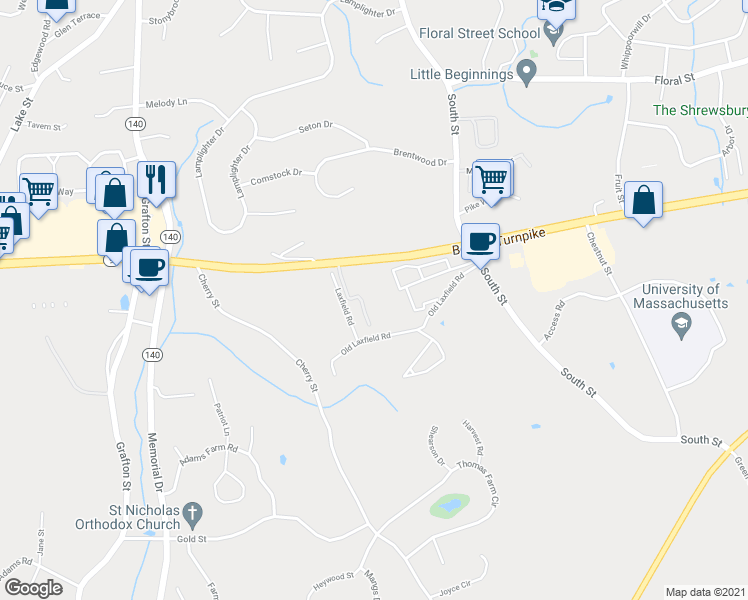 map of restaurants, bars, coffee shops, grocery stores, and more near 100 Madison Place in Shrewsbury