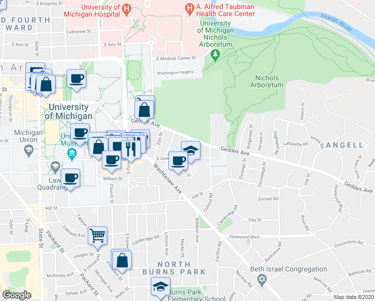 map of restaurants, bars, coffee shops, grocery stores, and more near 523 Linden Street in Ann Arbor