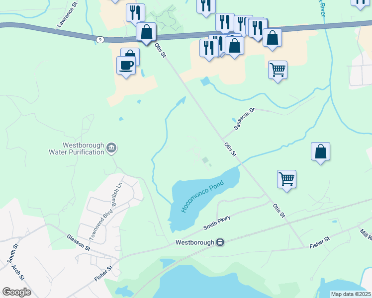 map of restaurants, bars, coffee shops, grocery stores, and more near 50 Otis Street in Westborough