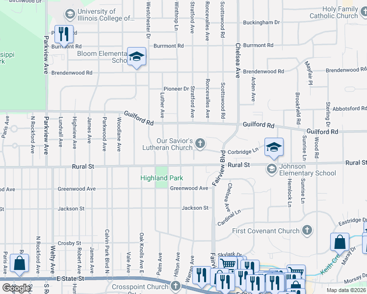 map of restaurants, bars, coffee shops, grocery stores, and more near 809 Winthrop Lane in Rockford