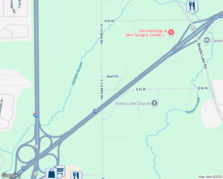 map of restaurants, bars, coffee shops, grocery stores, and more near 6563 Hoover Road in Battle Creek