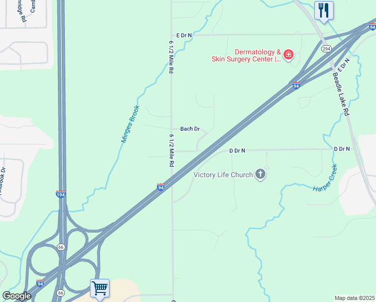 map of restaurants, bars, coffee shops, grocery stores, and more near 6563 Hoover Road in Battle Creek
