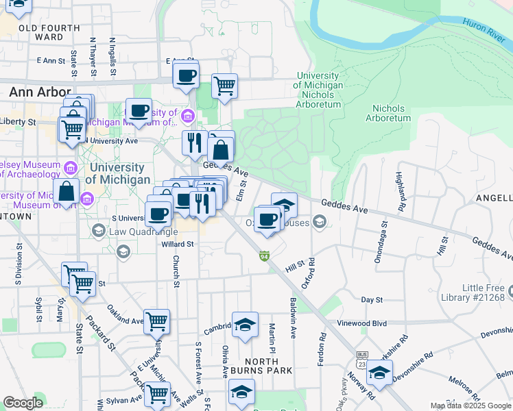 map of restaurants, bars, coffee shops, grocery stores, and more near 535 Walnut Street in Ann Arbor