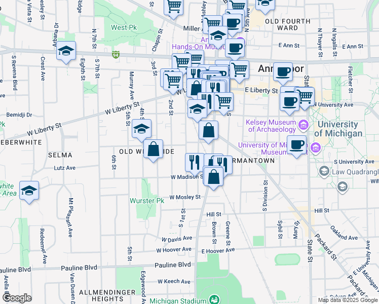map of restaurants, bars, coffee shops, grocery stores, and more near 517 South 1st Street in Ann Arbor