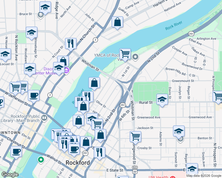 map of restaurants, bars, coffee shops, grocery stores, and more near 765 North Madison Street in Rockford