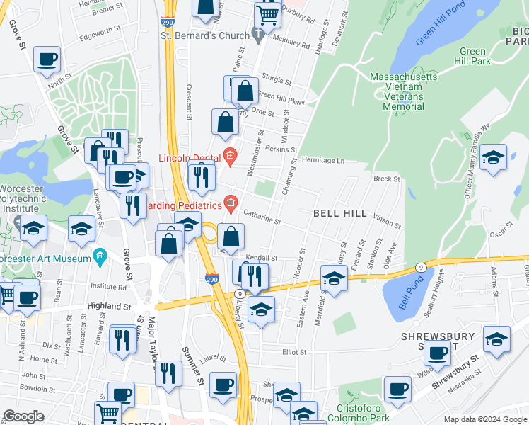 map of restaurants, bars, coffee shops, grocery stores, and more near 3 Windsor Street in Worcester