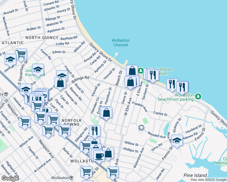 map of restaurants, bars, coffee shops, grocery stores, and more near 307 Billings Road in Quincy