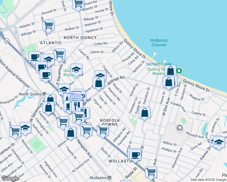 map of restaurants, bars, coffee shops, grocery stores, and more near 167 Billings Road in Quincy