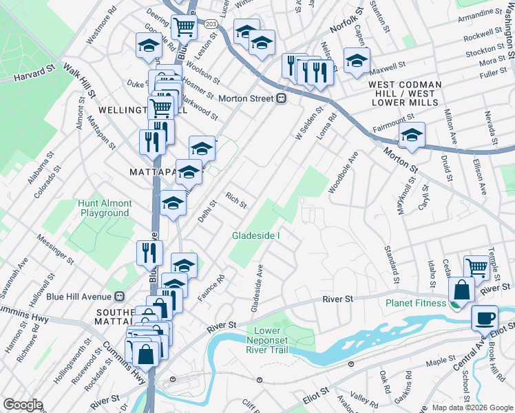 map of restaurants, bars, coffee shops, grocery stores, and more near 139 Lorna Road in Boston