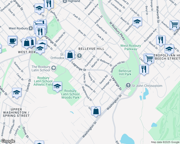 map of restaurants, bars, coffee shops, grocery stores, and more near 171 Lagrange Street in Boston
