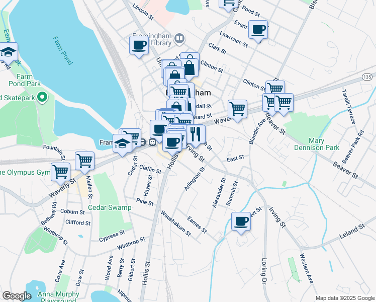 map of restaurants, bars, coffee shops, grocery stores, and more near 100 Irving Street in Framingham