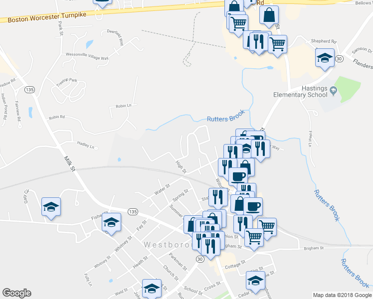 map of restaurants, bars, coffee shops, grocery stores, and more near 14 Mayberry Drive in Westborough