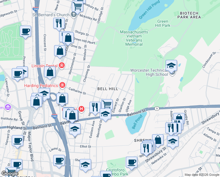map of restaurants, bars, coffee shops, grocery stores, and more near in Worcester