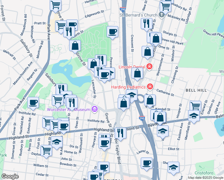map of restaurants, bars, coffee shops, grocery stores, and more near 66 Prescott Street in Worcester