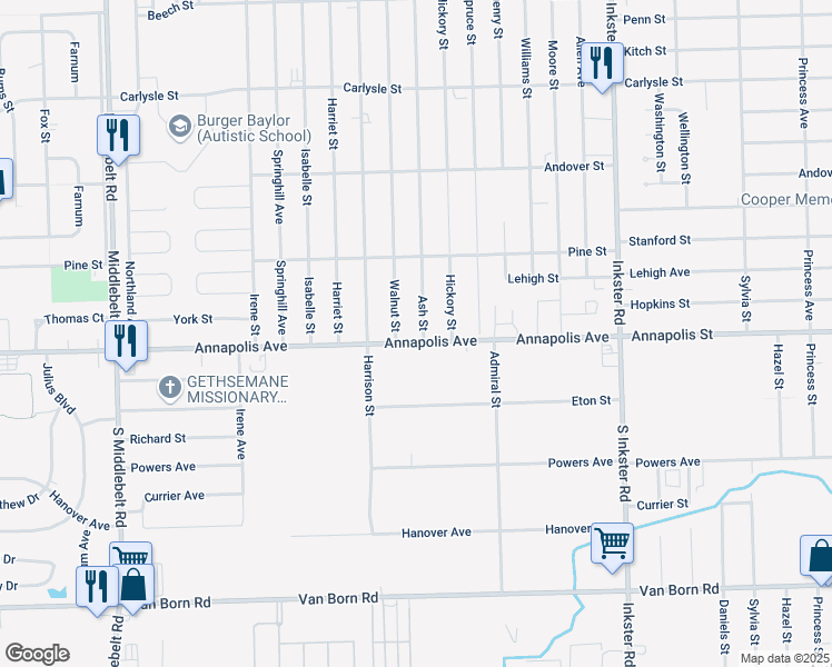 map of restaurants, bars, coffee shops, grocery stores, and more near 4567 Walnut Street in Inkster