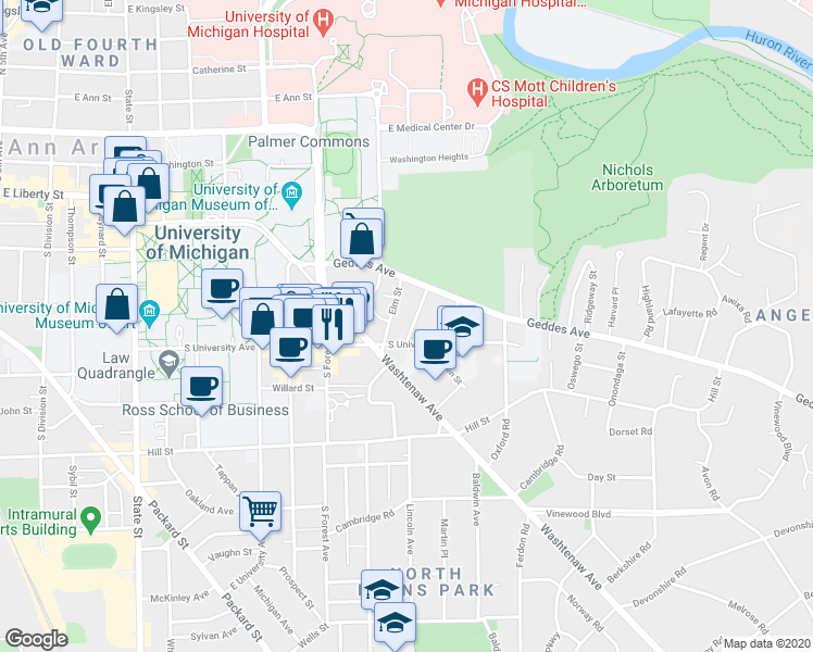 map of restaurants, bars, coffee shops, grocery stores, and more near 529 Elm Street in Ann Arbor