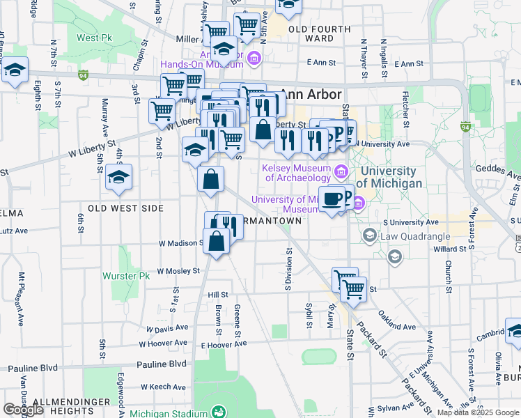 map of restaurants, bars, coffee shops, grocery stores, and more near 504 South 5th Avenue in Ann Arbor
