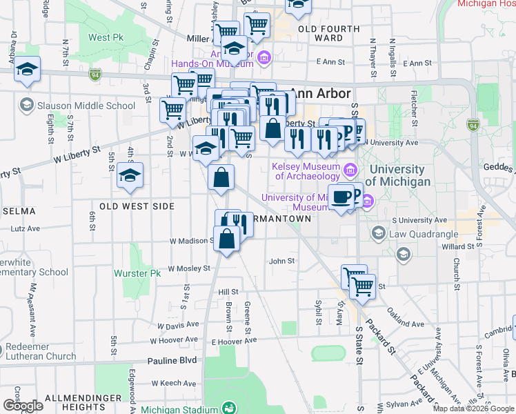 map of restaurants, bars, coffee shops, grocery stores, and more near 504 South 5th Avenue in Ann Arbor