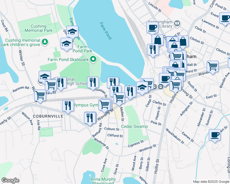 map of restaurants, bars, coffee shops, grocery stores, and more near 59 Fountain Street in Framingham