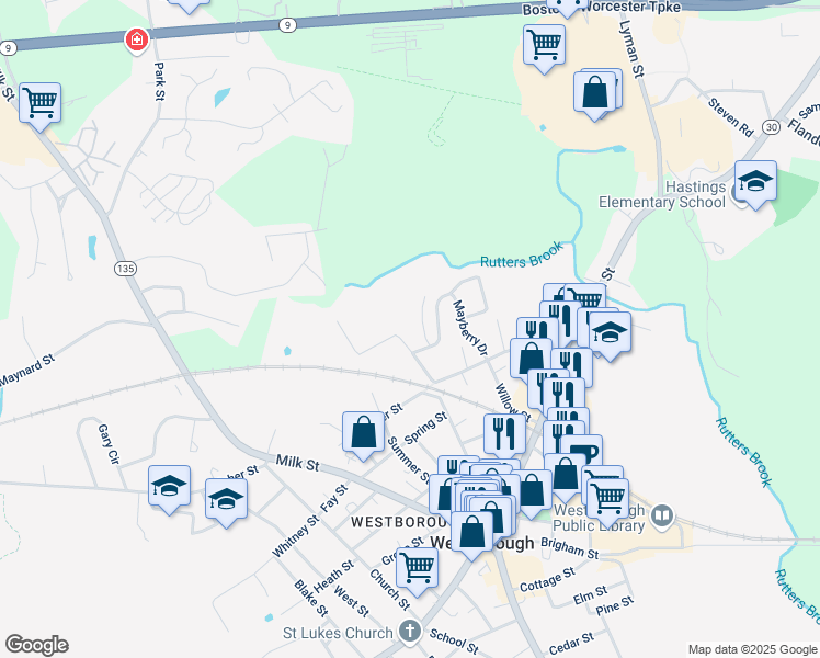 map of restaurants, bars, coffee shops, grocery stores, and more near 45 High Street in Westborough