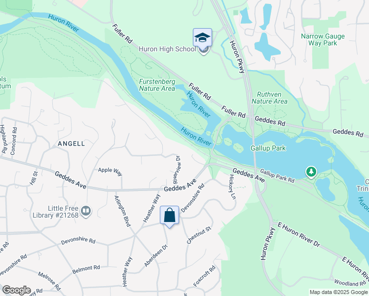 map of restaurants, bars, coffee shops, grocery stores, and more near 505 Riverview Drive in Ann Arbor