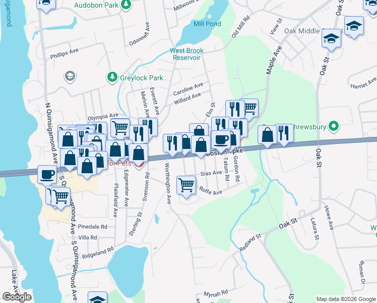 map of restaurants, bars, coffee shops, grocery stores, and more near 22 Elm Street in Shrewsbury