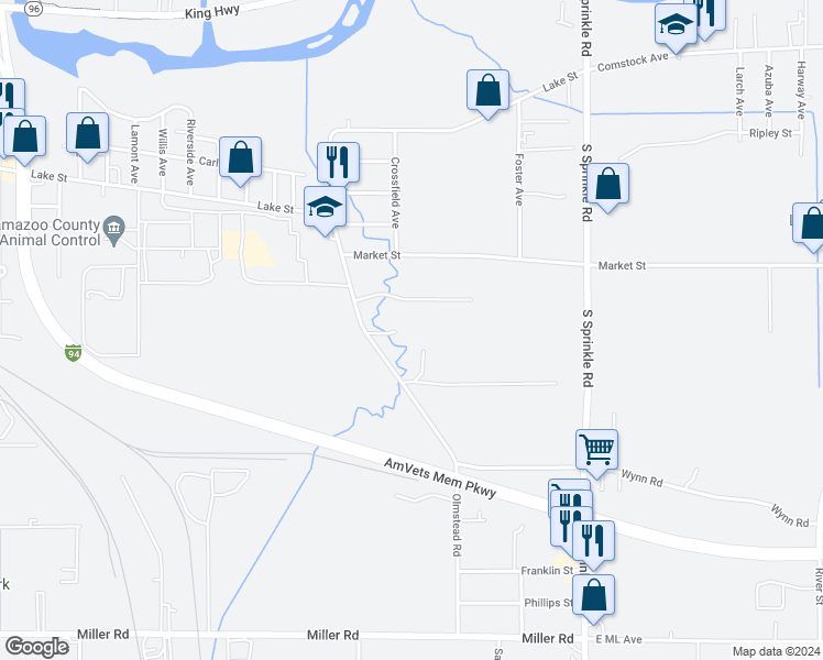 map of restaurants, bars, coffee shops, grocery stores, and more near 1519 Olmstead Road in Kalamazoo