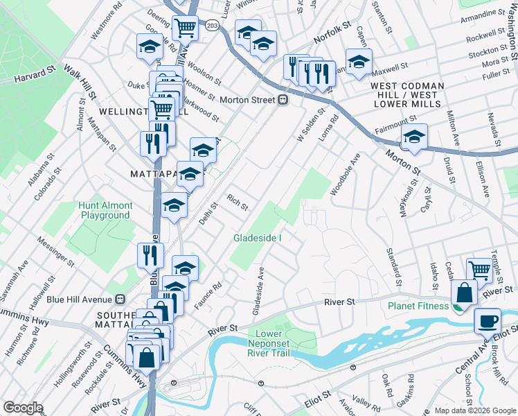 map of restaurants, bars, coffee shops, grocery stores, and more near 139 Lorna Road in Boston