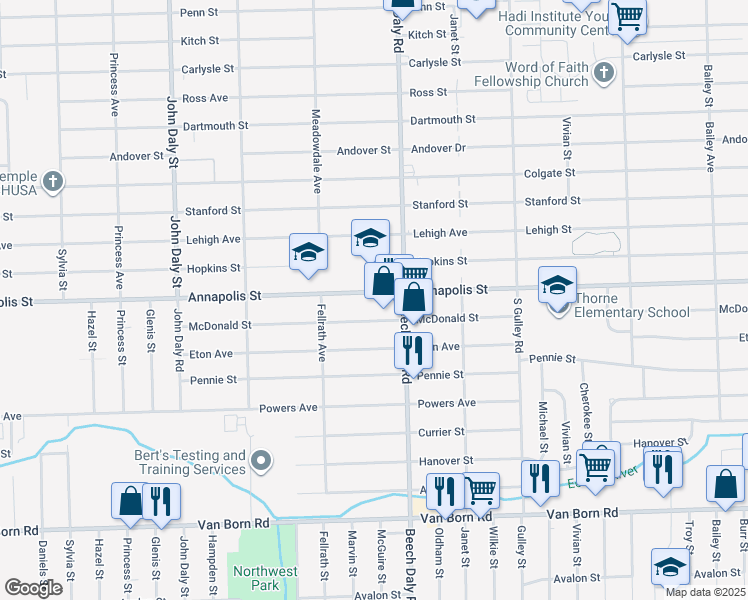 map of restaurants, bars, coffee shops, grocery stores, and more near 25895 Annapolis Street in Dearborn Heights