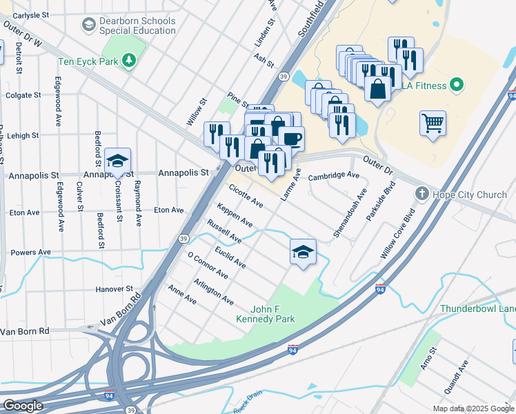 map of restaurants, bars, coffee shops, grocery stores, and more near 17266 Cicotte Avenue in Allen Park