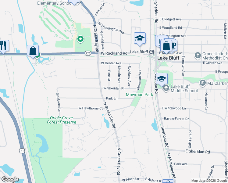 map of restaurants, bars, coffee shops, grocery stores, and more near 214 West Sheridan Place in Lake Bluff