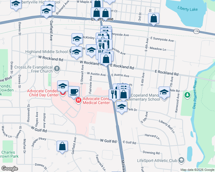 map of restaurants, bars, coffee shops, grocery stores, and more near 705 South Milwaukee Avenue in Libertyville