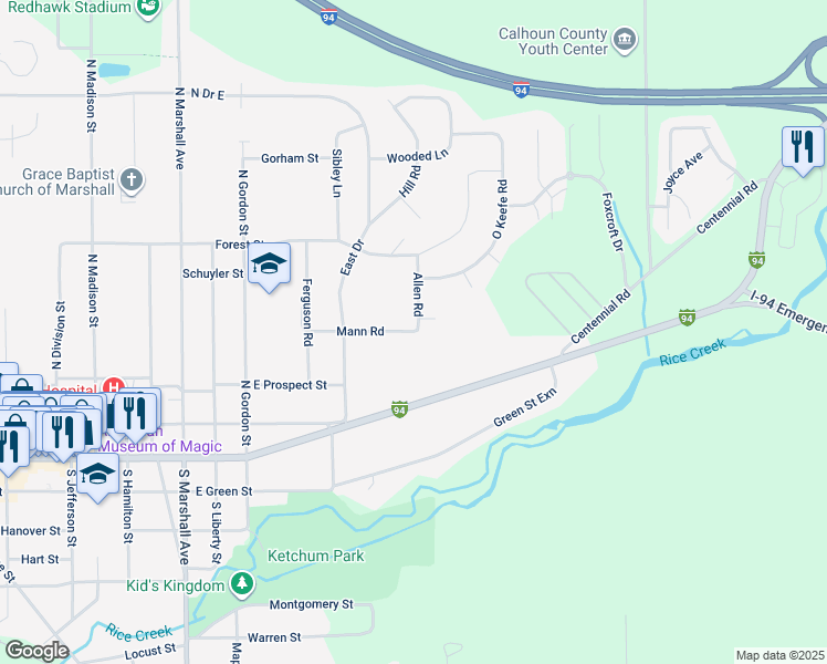 map of restaurants, bars, coffee shops, grocery stores, and more near Mann Road in Marshall