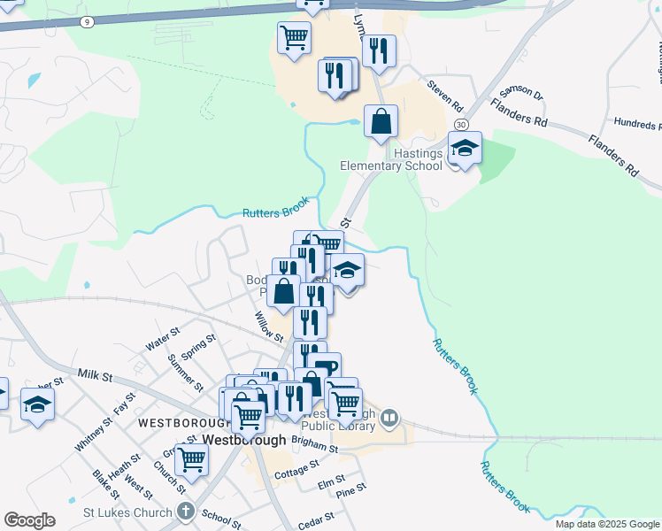 map of restaurants, bars, coffee shops, grocery stores, and more near 6 Baker Way in Westborough