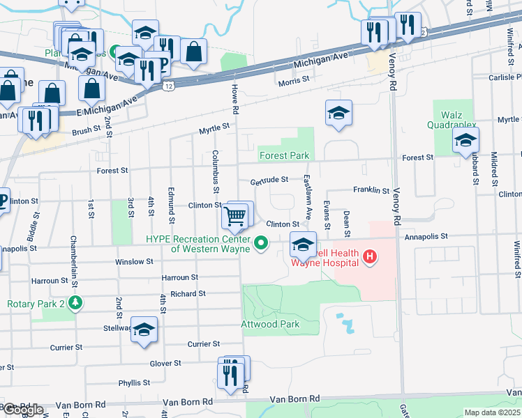 map of restaurants, bars, coffee shops, grocery stores, and more near 4361 Myron Avenue in Wayne