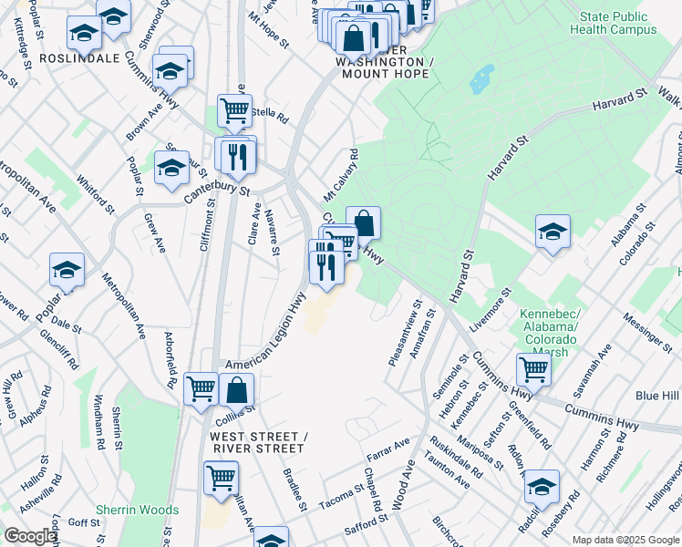 map of restaurants, bars, coffee shops, grocery stores, and more near 950 American Legion Highway in Boston